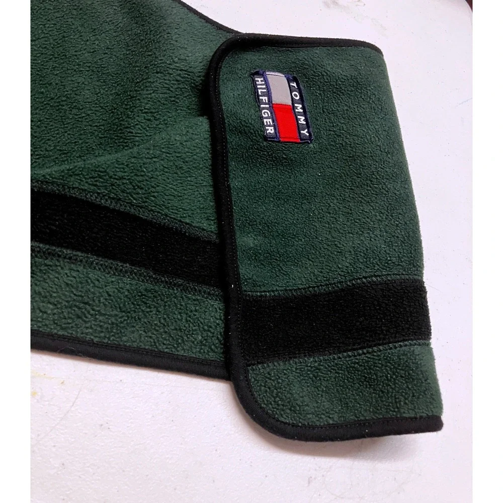 Vintage Tommy Hilfiger Fleece Scarf Green Black Stripe Embroidered Flag Logo